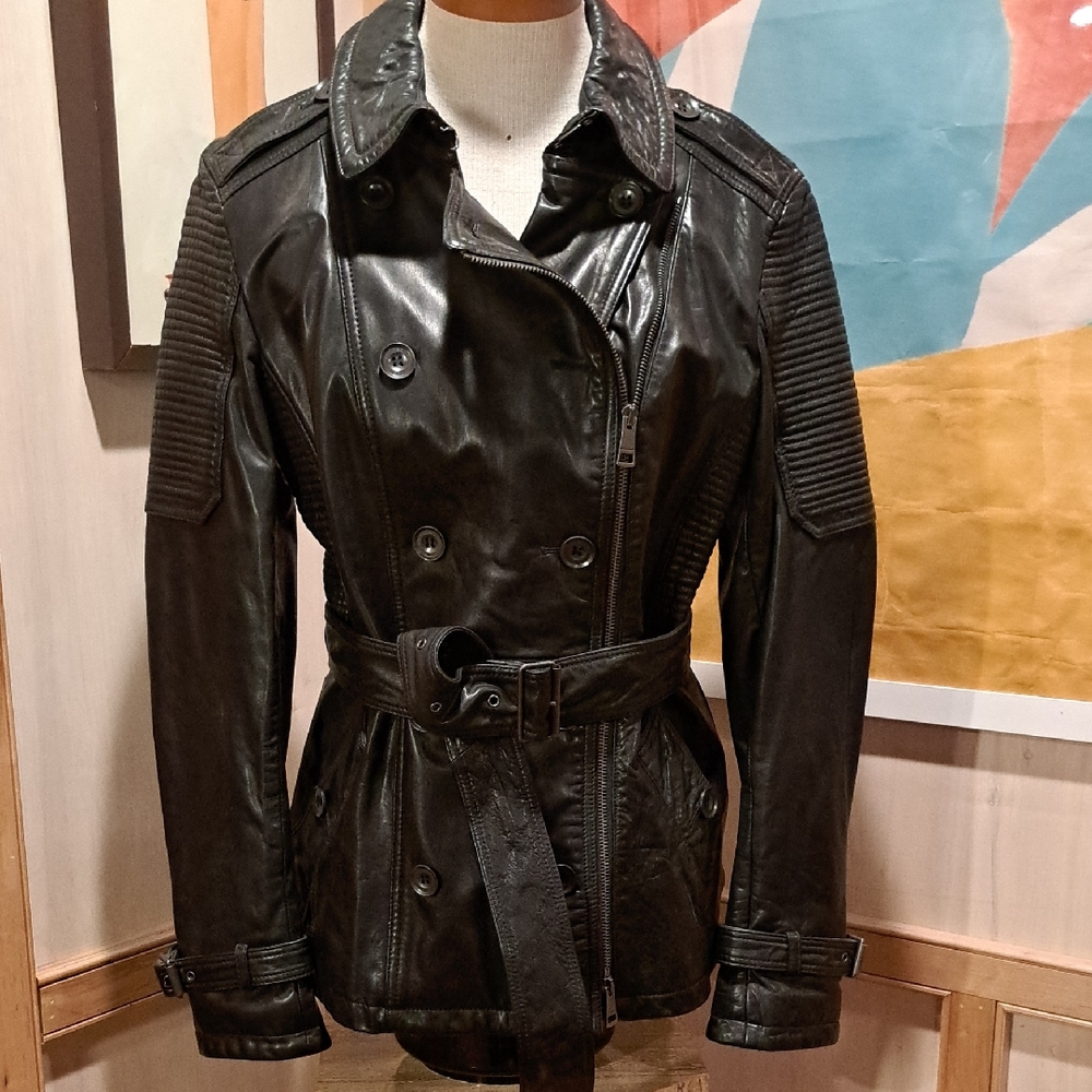 Burberry Brit Black Double-Breasted Leather Trench Coat US 10